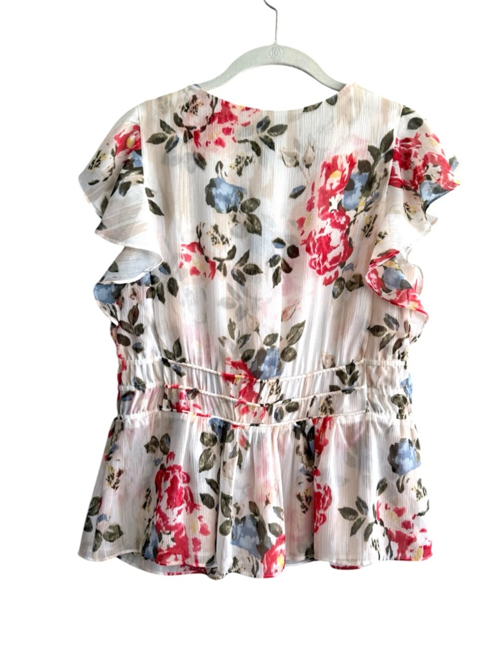 NEW WHBM Flutter Sleeve Blouse Cinched Waist Detail Floral White Pink Size S - Picture 5 of 14